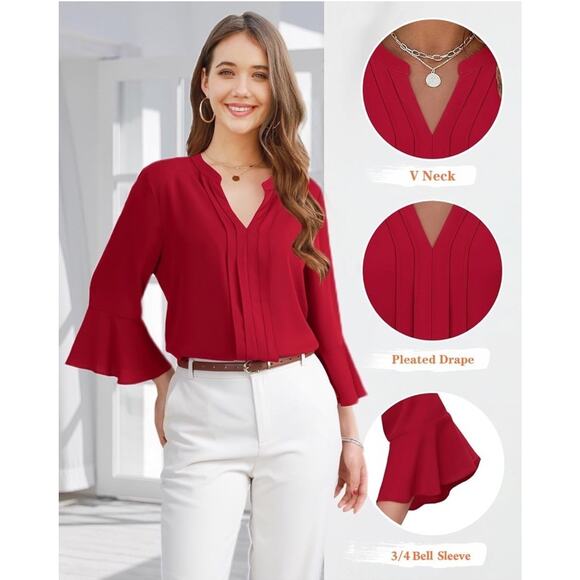 Youtalia Women’s 3/4 Sleeve Dressy Casual Business Work Blouse Chiffon Shirt Red - Picture 2 of 5